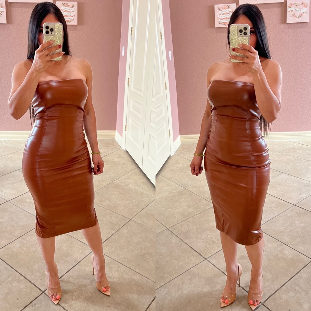 BETSY Strapless Leather Midi Dress- camel